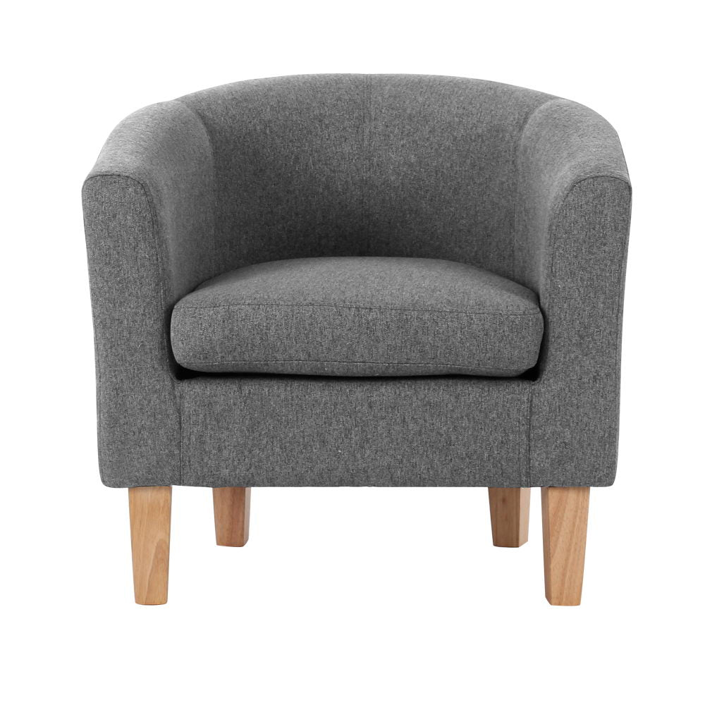 Artiss Abby Fabric Armchair in Grey with tufted design and rubber wood legs, showcasing modern style and comfort.