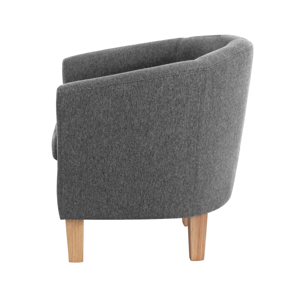 Artiss Abby Fabric Armchair in Grey with tufted design and rubber wood legs, showcasing modern style and comfort.