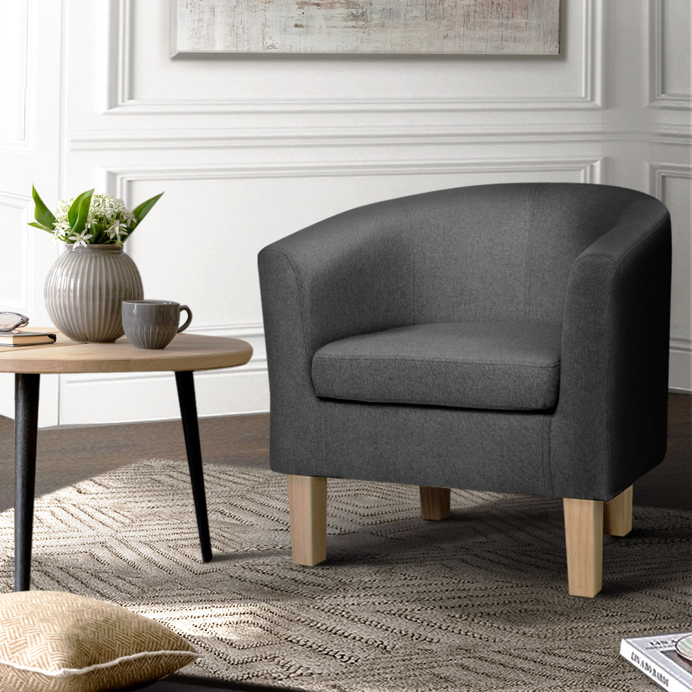 Artiss Abby Fabric Armchair in Grey with tufted design and rubber wood legs, showcasing modern style and comfort.