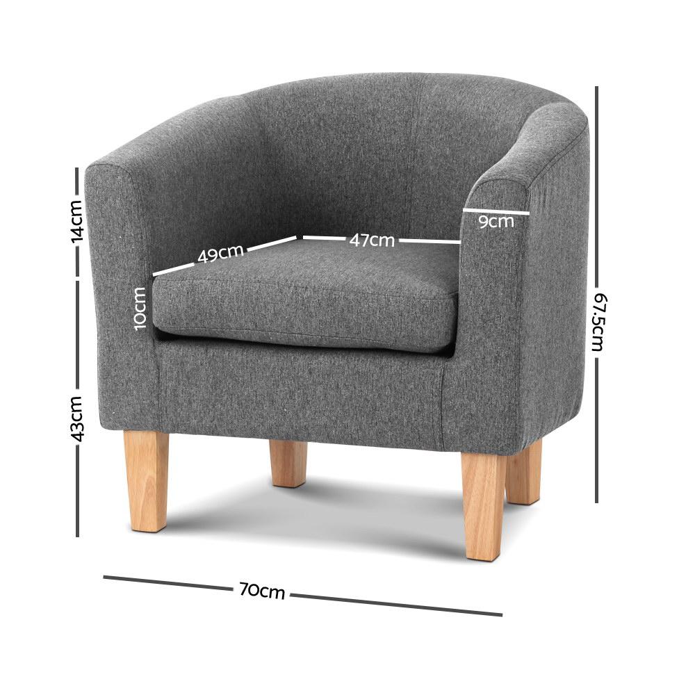 Artiss Abby Fabric Armchair in Grey with tufted design and sturdy rubber wood legs, showcasing modern style and comfort.