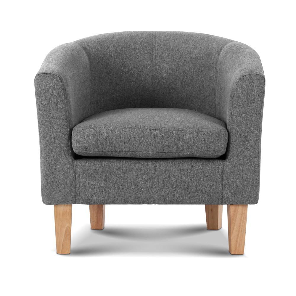 Artiss Abby Fabric Armchair in Grey with tufted design and sturdy rubber wood legs, showcasing modern style and comfort.