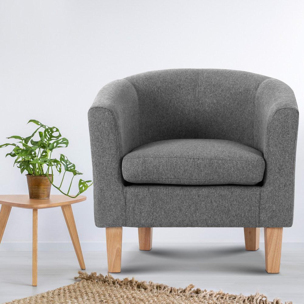 Artiss Abby Fabric Armchair in Grey with tufted design and sturdy rubber wood legs, showcasing modern style and comfort.