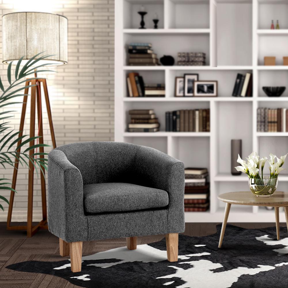 Artiss Abby Fabric Armchair in Grey with tufted design and sturdy rubber wood legs, showcasing modern style and comfort.