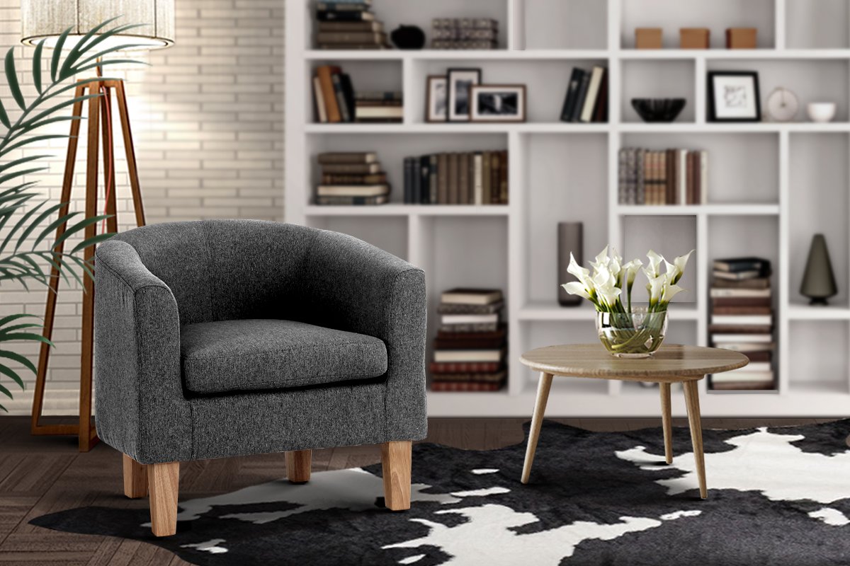 Artiss Abby Fabric Armchair in Grey with tufted design and sturdy rubber wood legs, showcasing modern style and comfort.