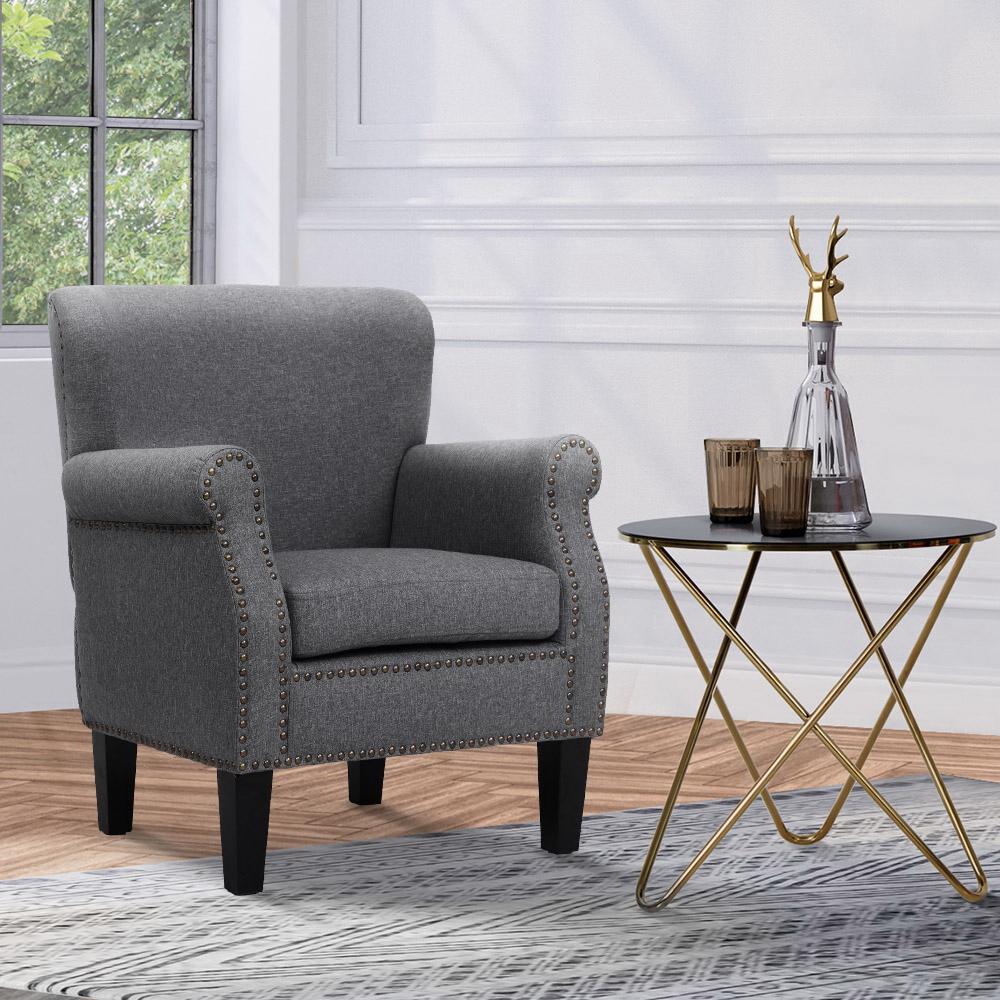 Artiss Armchair Accent Chair in grey linen fabric with button studs, showcasing its retro design and sturdy rubber wood legs.