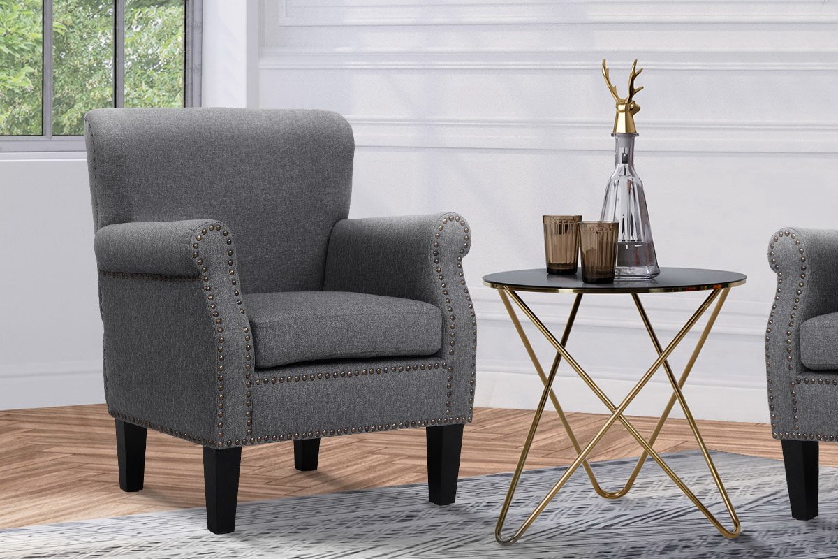 Artiss Armchair Accent Chair in grey linen fabric with button studs, showcasing its retro design and sturdy rubber wood legs.