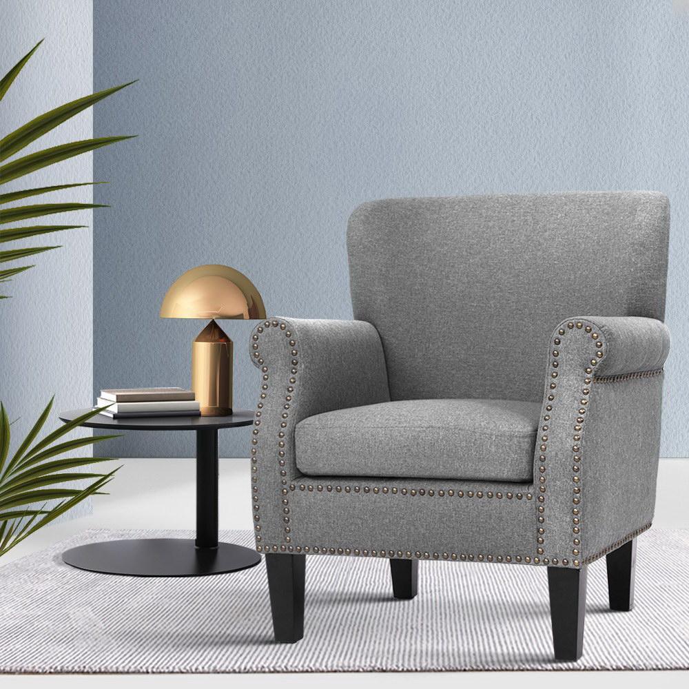 Artiss Armchair Accent Chair in grey linen fabric with button studs, showcasing its retro design and sturdy rubber wood legs.