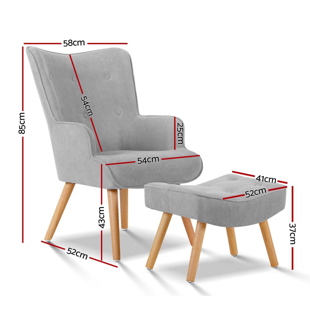 Artiss Armchair and Ottoman in light grey, featuring elegant tufted design and sturdy rubber wood legs.