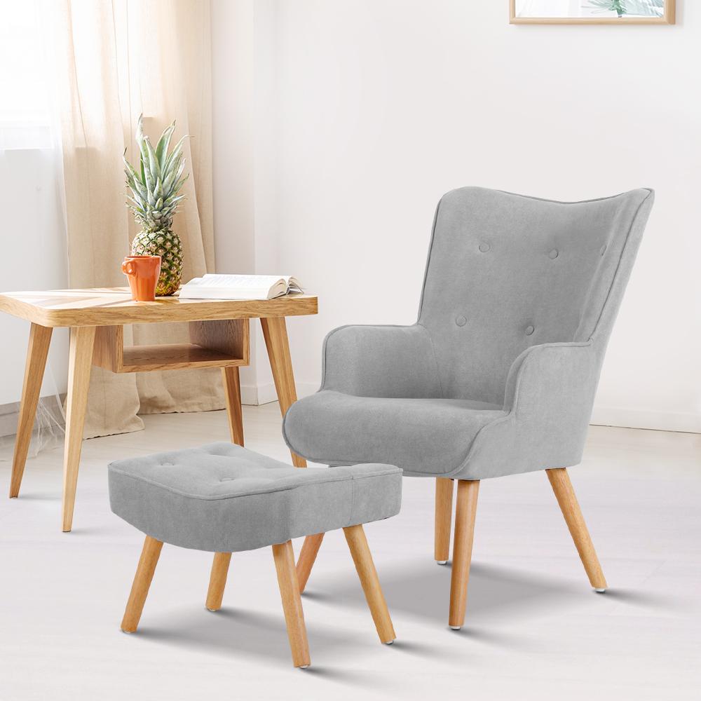 Artiss Armchair and Ottoman in light grey, featuring elegant tufted design and sturdy rubber wood legs.