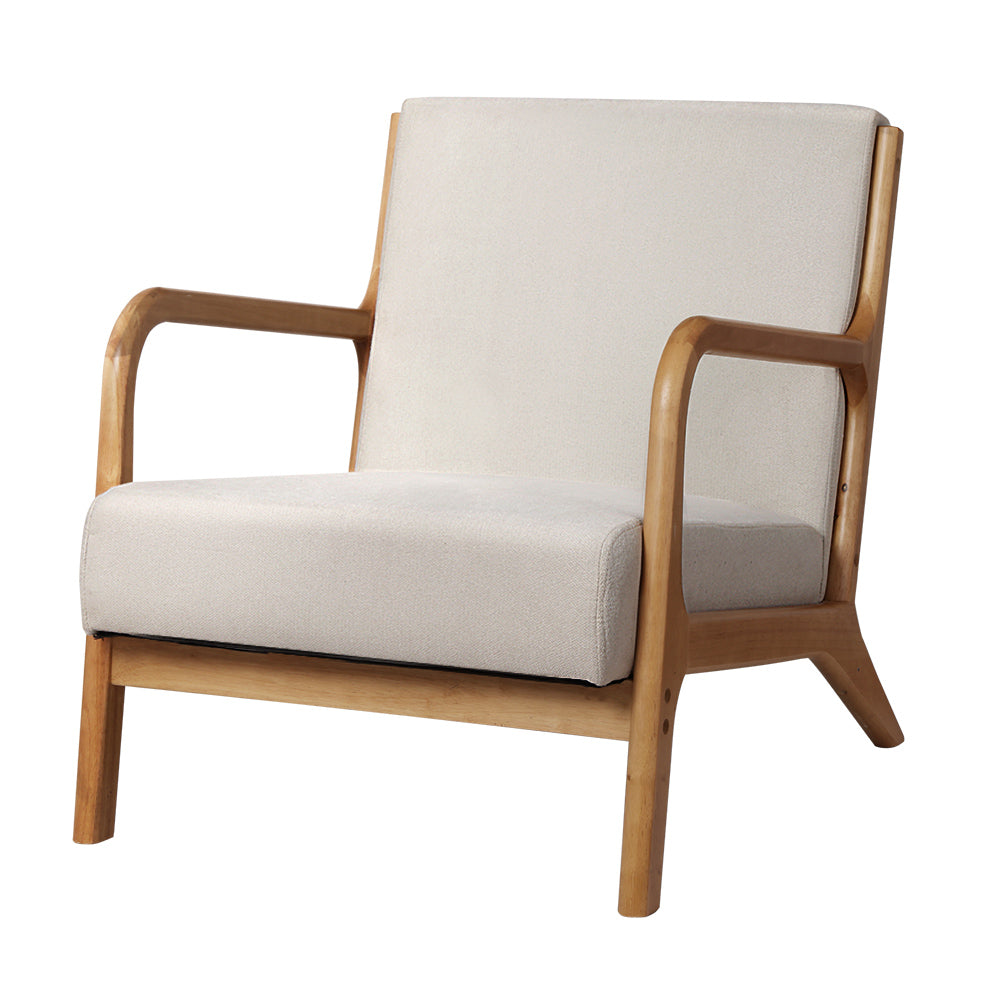 Artiss Armchair Lounge Chair in beige faux fabric with rubber wood legs, showcasing its elegant design and plush seating.