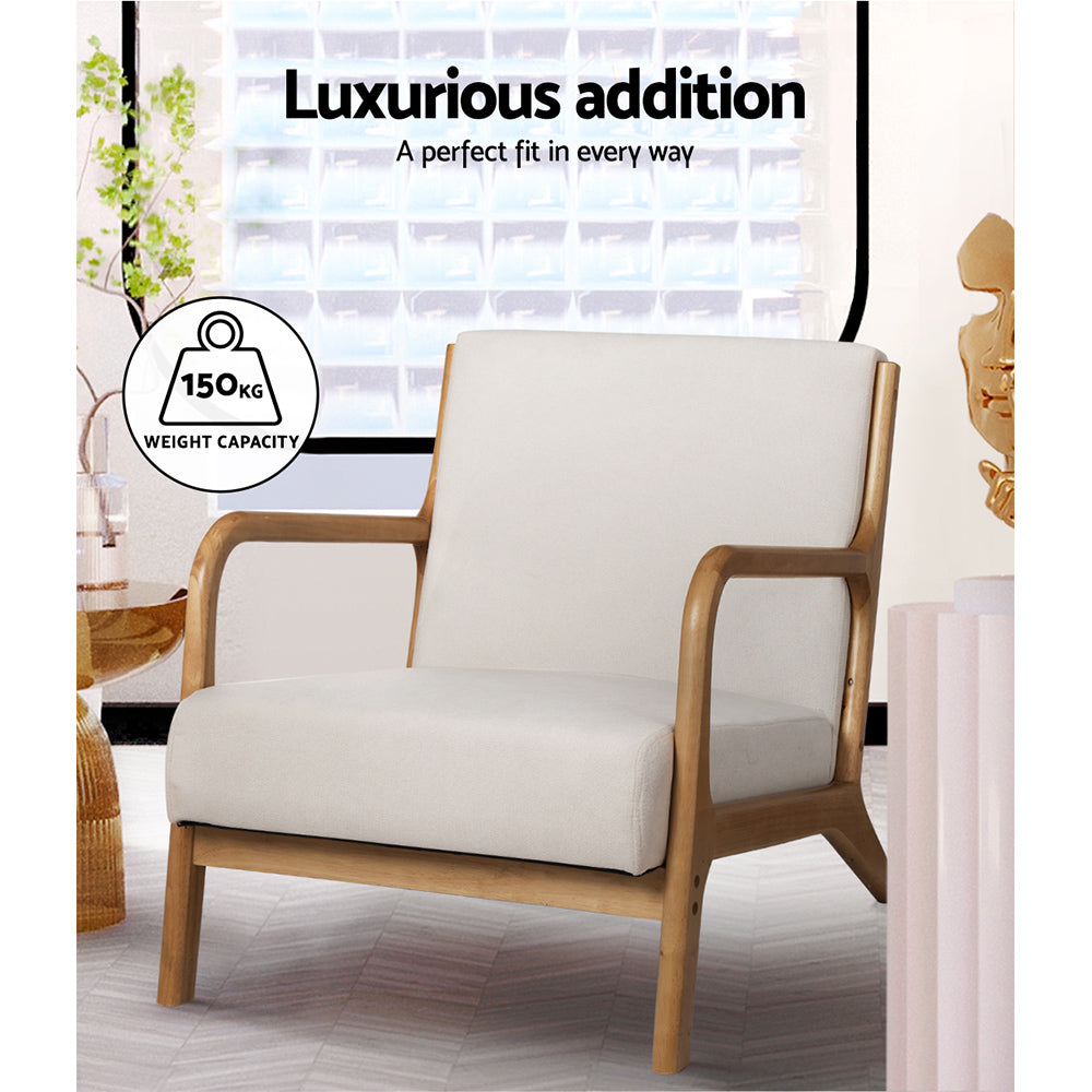 Artiss Armchair Lounge Chair in beige faux fabric with rubber wood legs, showcasing its elegant design and plush seating.