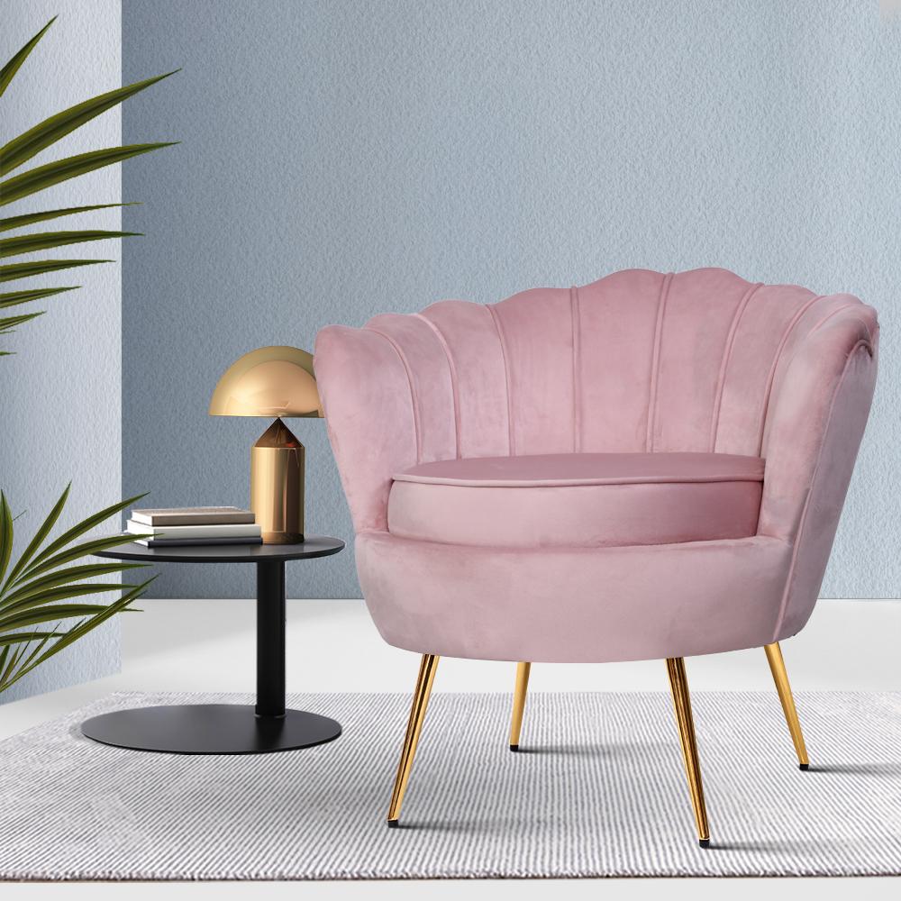 Artiss Armchair Lounge Chair in pink velvet with scallop shell back and gold metal legs, showcasing its retro design and luxurious comfort.