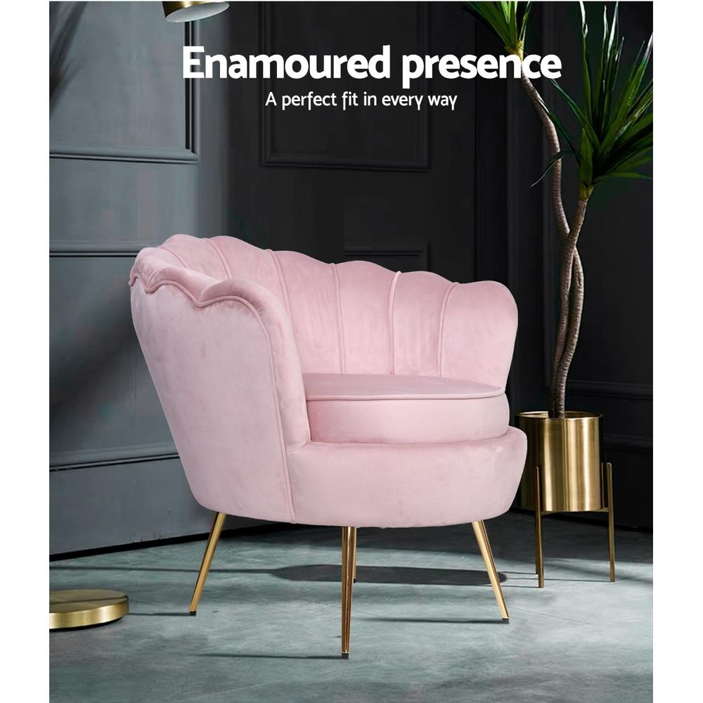 Artiss Armchair Lounge Chair in pink velvet with scallop shell back and gold metal legs, showcasing its retro design and luxurious comfort.