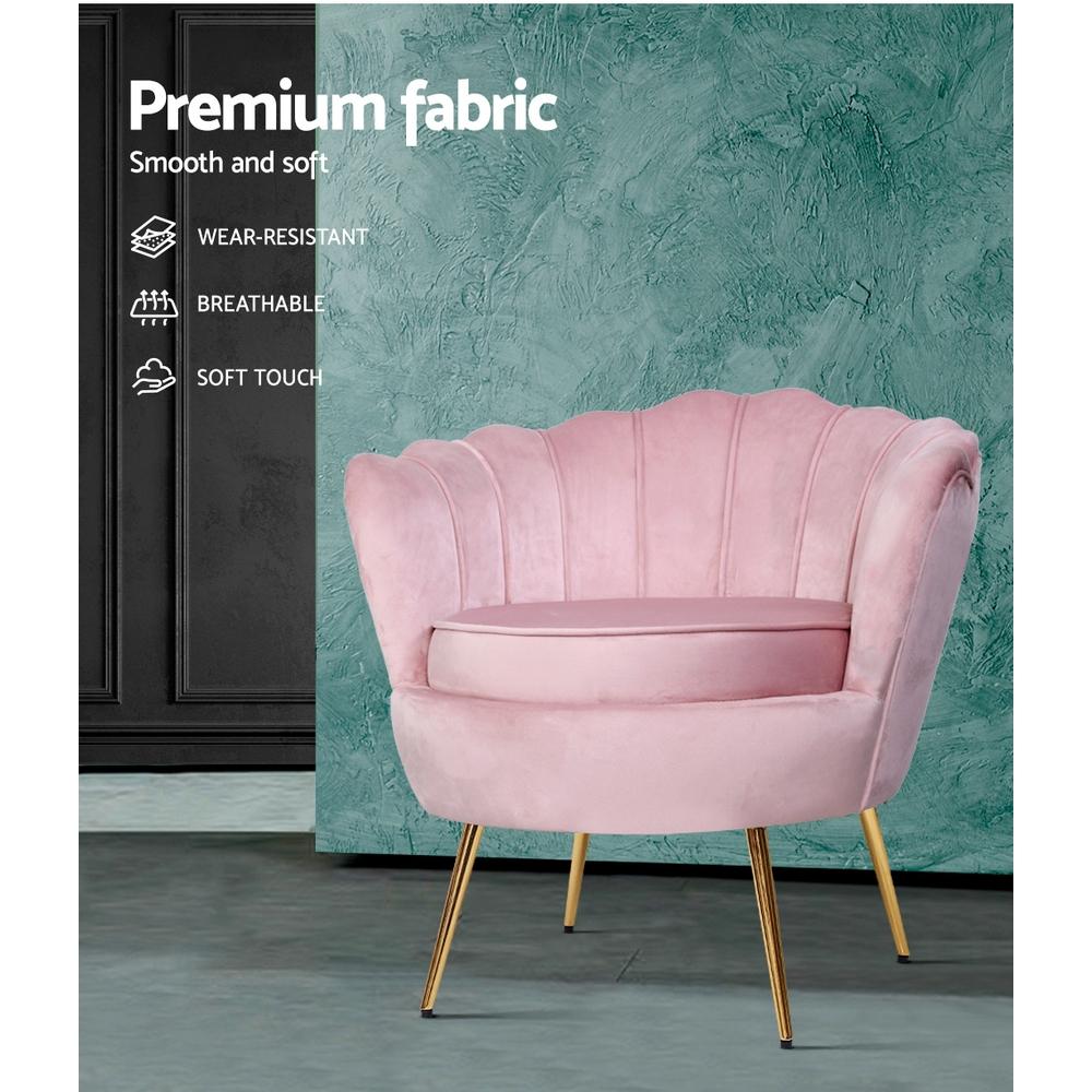 Artiss Armchair Lounge Chair in pink velvet with scallop shell back and gold metal legs, showcasing its retro design and luxurious comfort.