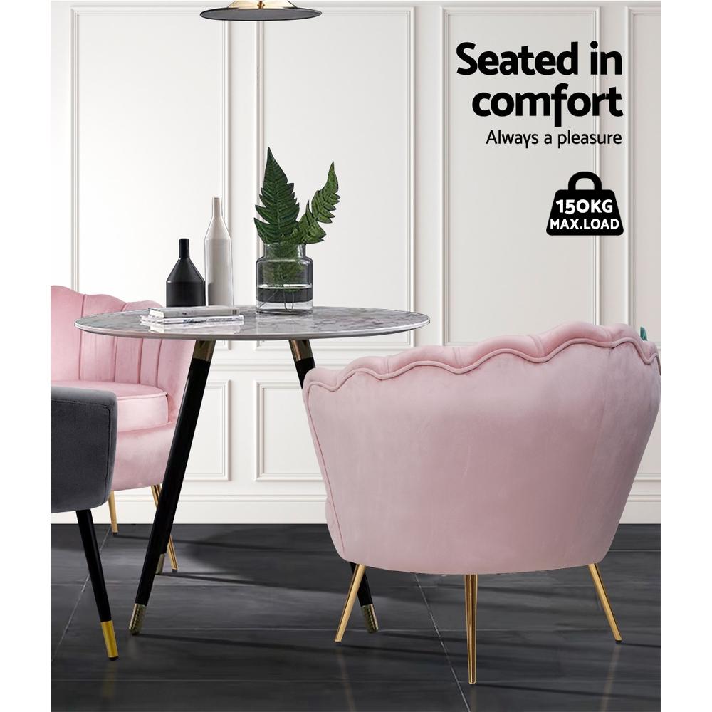 Artiss Armchair Lounge Chair in pink velvet with scallop shell back and gold metal legs, showcasing its retro design and luxurious comfort.