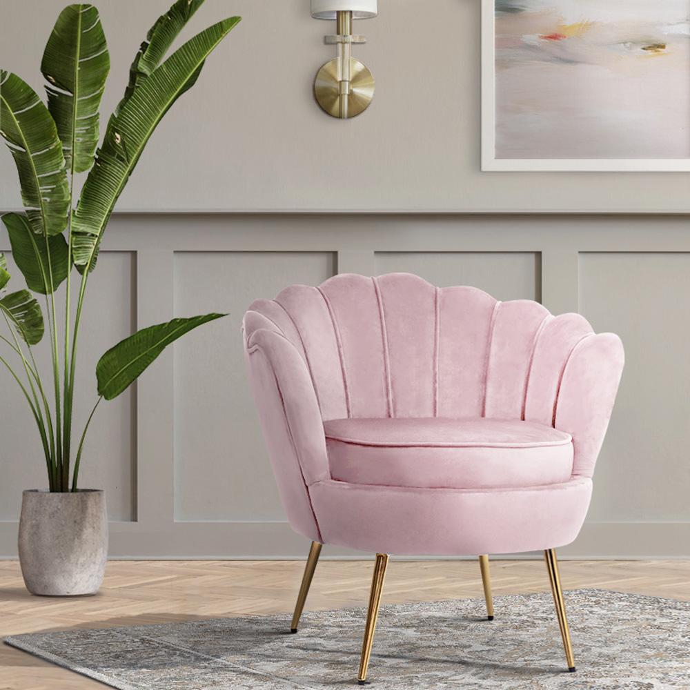 Artiss Armchair Lounge Chair in pink velvet with scallop shell back and gold metal legs, showcasing its retro design and luxurious comfort.