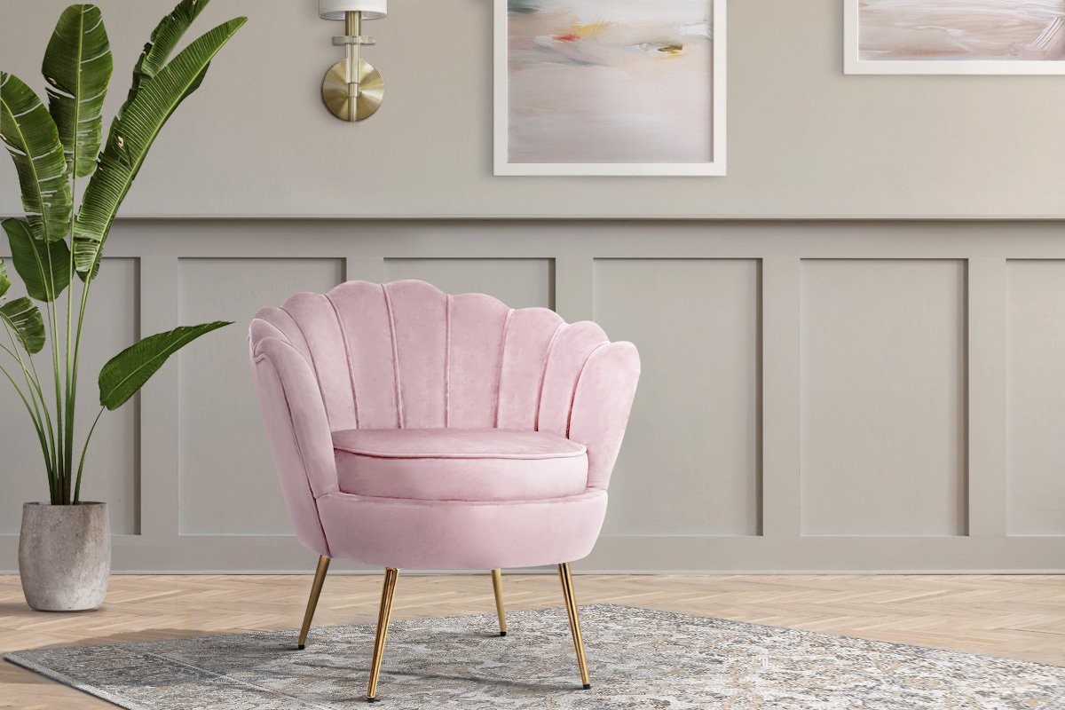 Artiss Armchair Lounge Chair in pink velvet with scallop shell back and gold metal legs, showcasing its retro design and luxurious comfort.