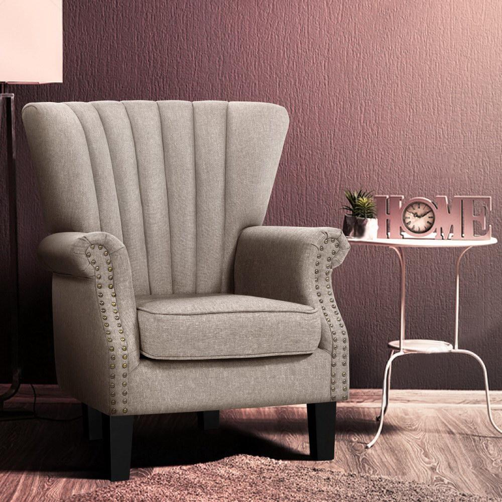 Artiss Armchair Lounge Chair in beige linen fabric with waterfall design and button studs, featuring rubber wood legs and anti-scratch feet pads.