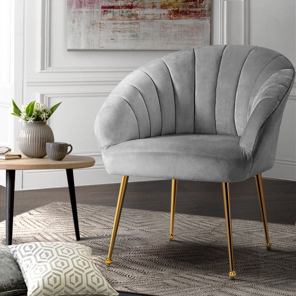 Artiss Eloise Armchair in grey velvet with golden legs, showcasing a modern and elegant design perfect for any living space.