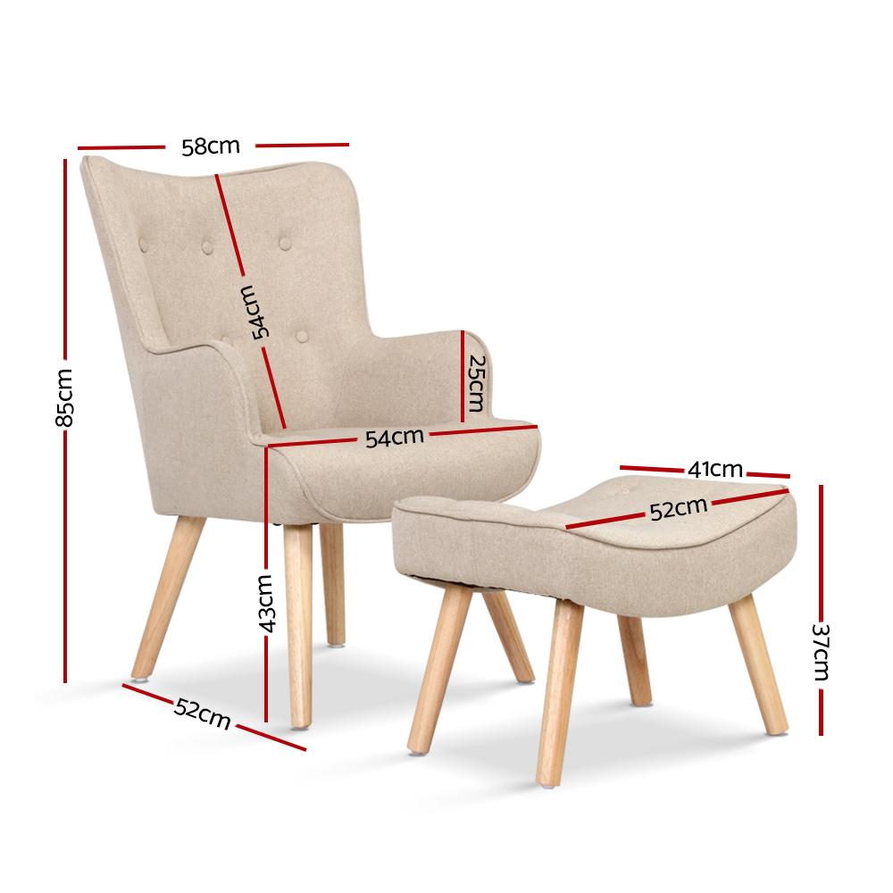 Artiss Armchair Lounge Chair in beige fabric with matching ottoman, featuring tufted design and rubber wood legs.