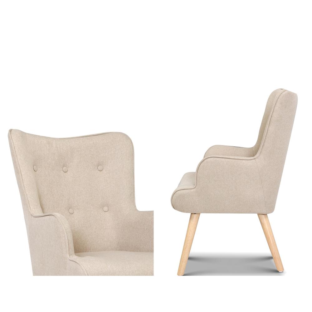 Artiss Armchair Lounge Chair in beige fabric with matching ottoman, featuring tufted design and rubber wood legs.