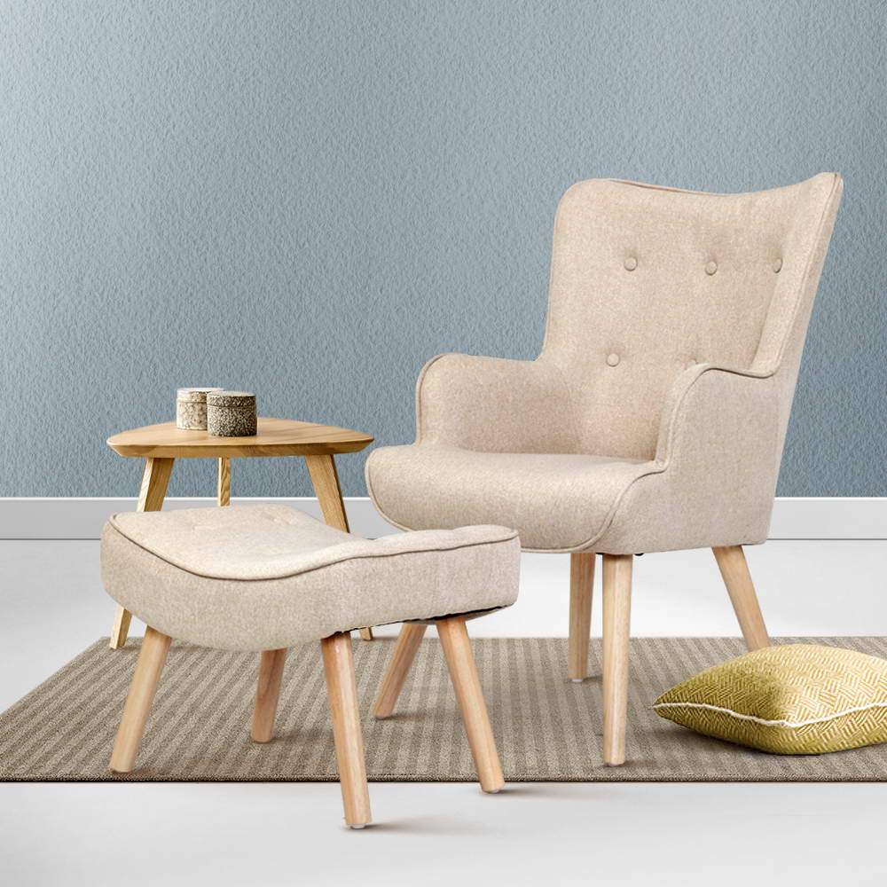 Artiss Armchair Lounge Chair in beige fabric with matching ottoman, featuring tufted design and rubber wood legs.