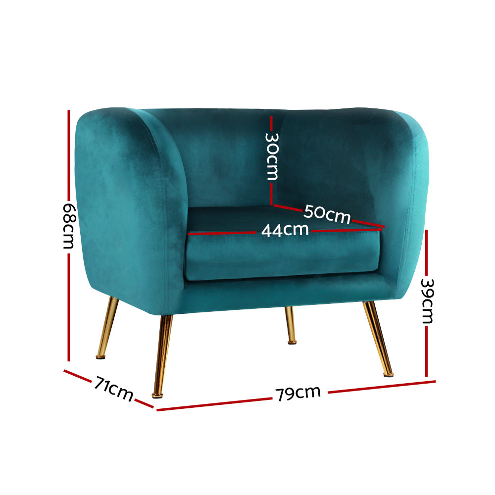 Artiss Lois Armchair in green velvet with golden metal legs, showcasing a stylish and comfortable design.