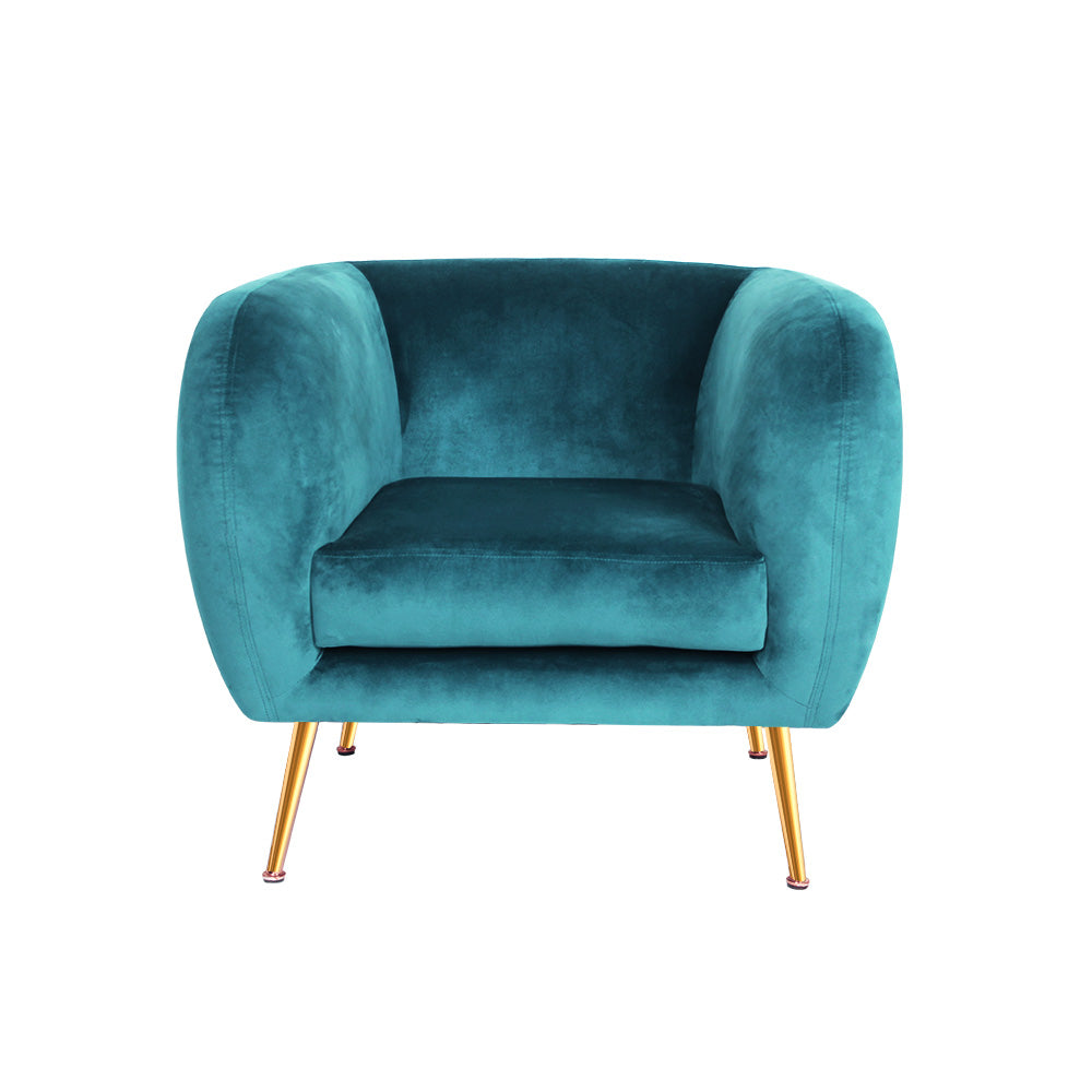 Artiss Lois Armchair in green velvet with golden metal legs, showcasing a stylish and comfortable design.