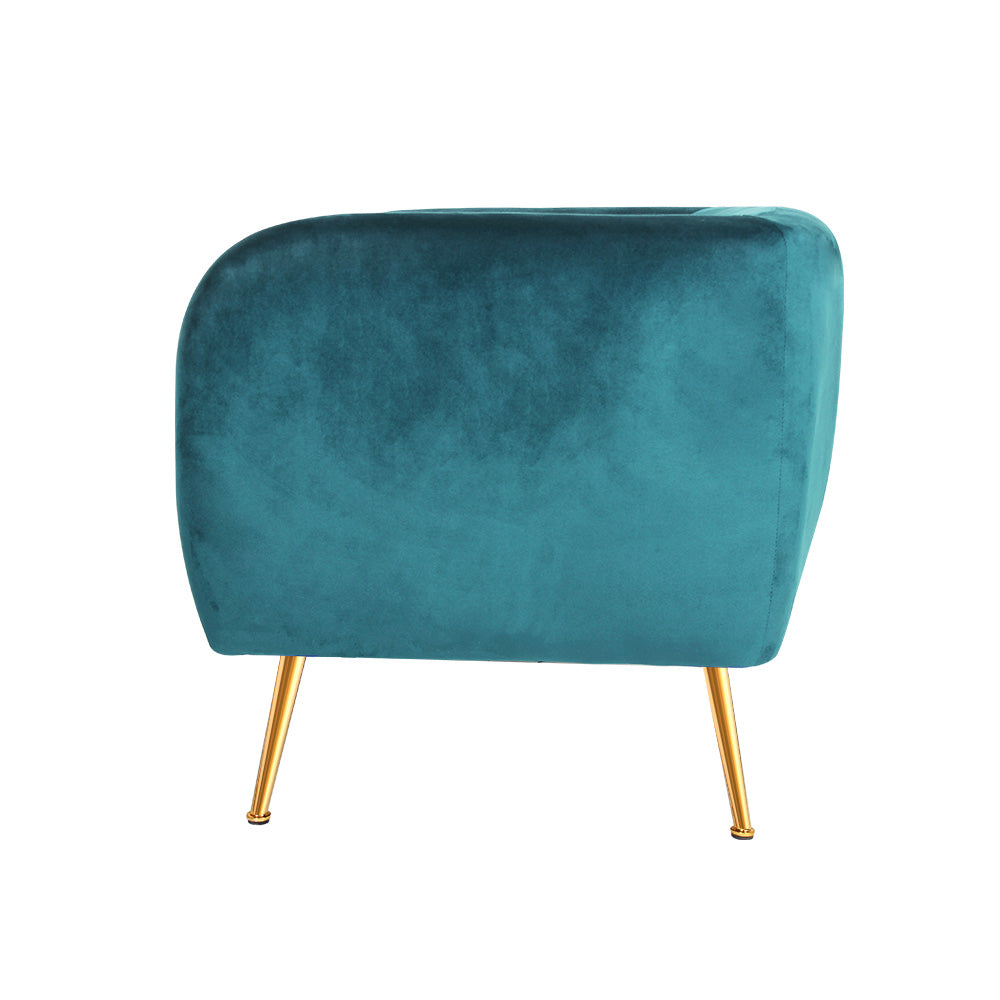 Artiss Lois Armchair in green velvet with golden metal legs, showcasing a stylish and comfortable design.