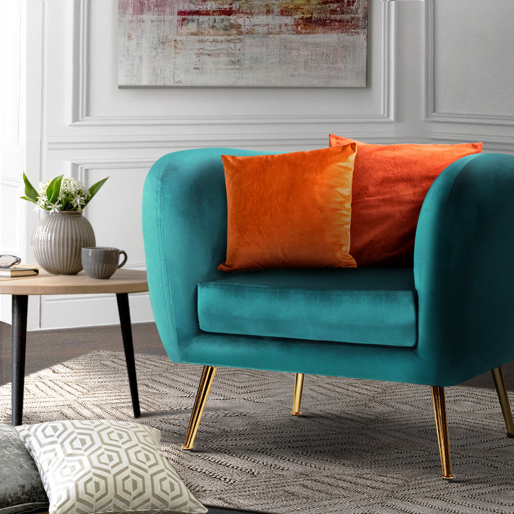 Artiss Lois Armchair in green velvet with golden metal legs, showcasing a stylish and comfortable design.