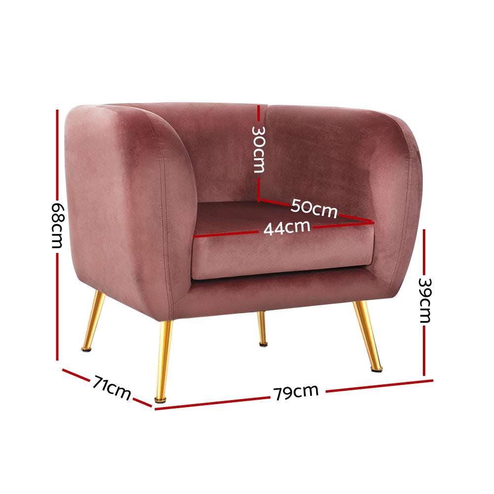 Artiss Armchair Lounge Sofa in pink velvet with golden metal legs, showcasing a stylish and comfortable design perfect for any living space.