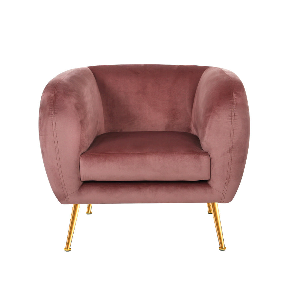 Artiss Armchair Lounge Sofa in pink velvet with golden metal legs, showcasing a stylish and comfortable design perfect for any living space.