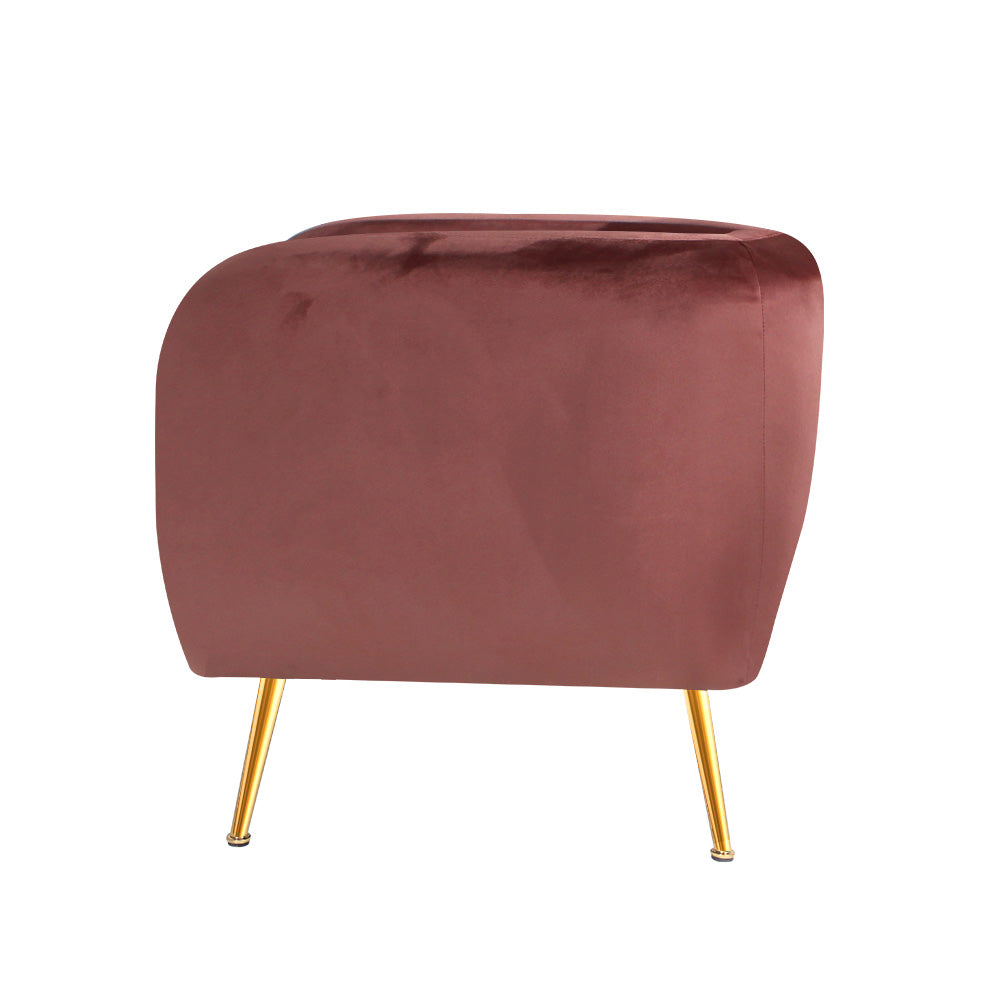 Artiss Armchair Lounge Sofa in pink velvet with golden metal legs, showcasing a stylish and comfortable design perfect for any living space.