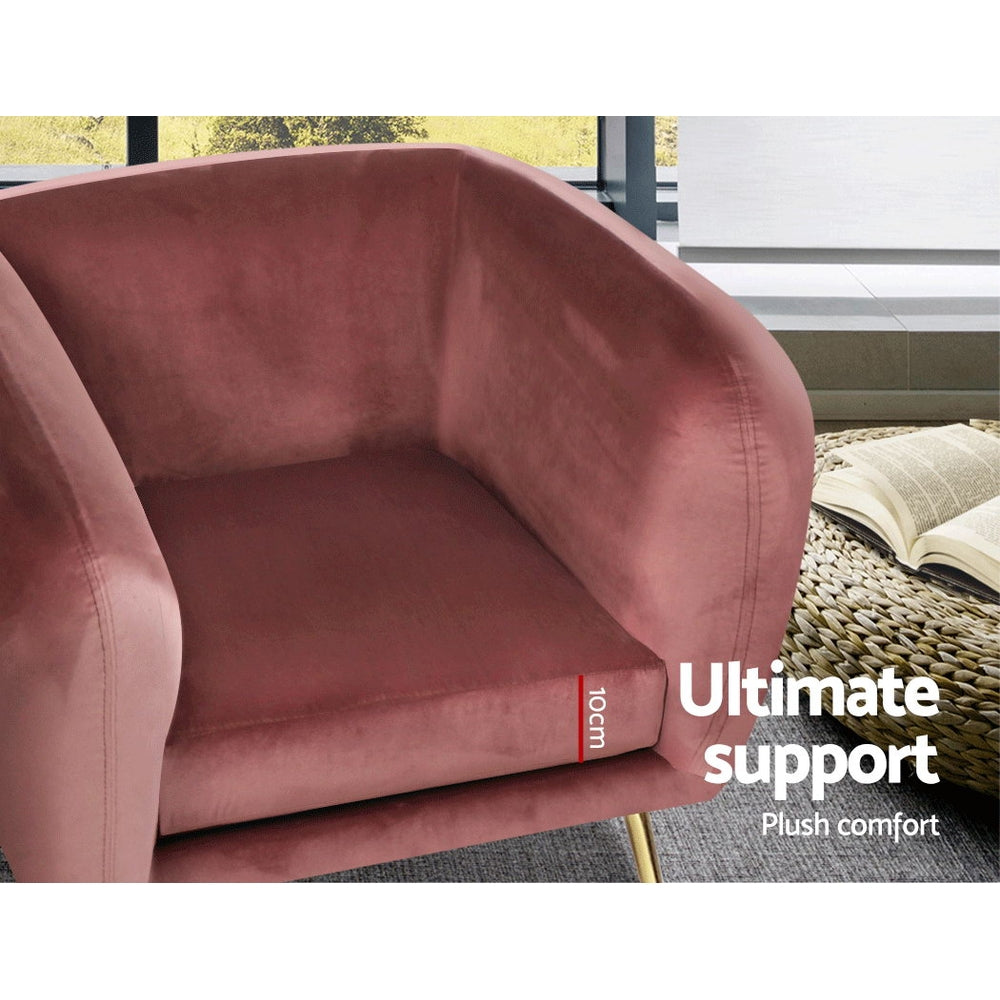 Artiss Armchair Lounge Sofa in pink velvet with golden metal legs, showcasing a stylish and comfortable design perfect for any living space.