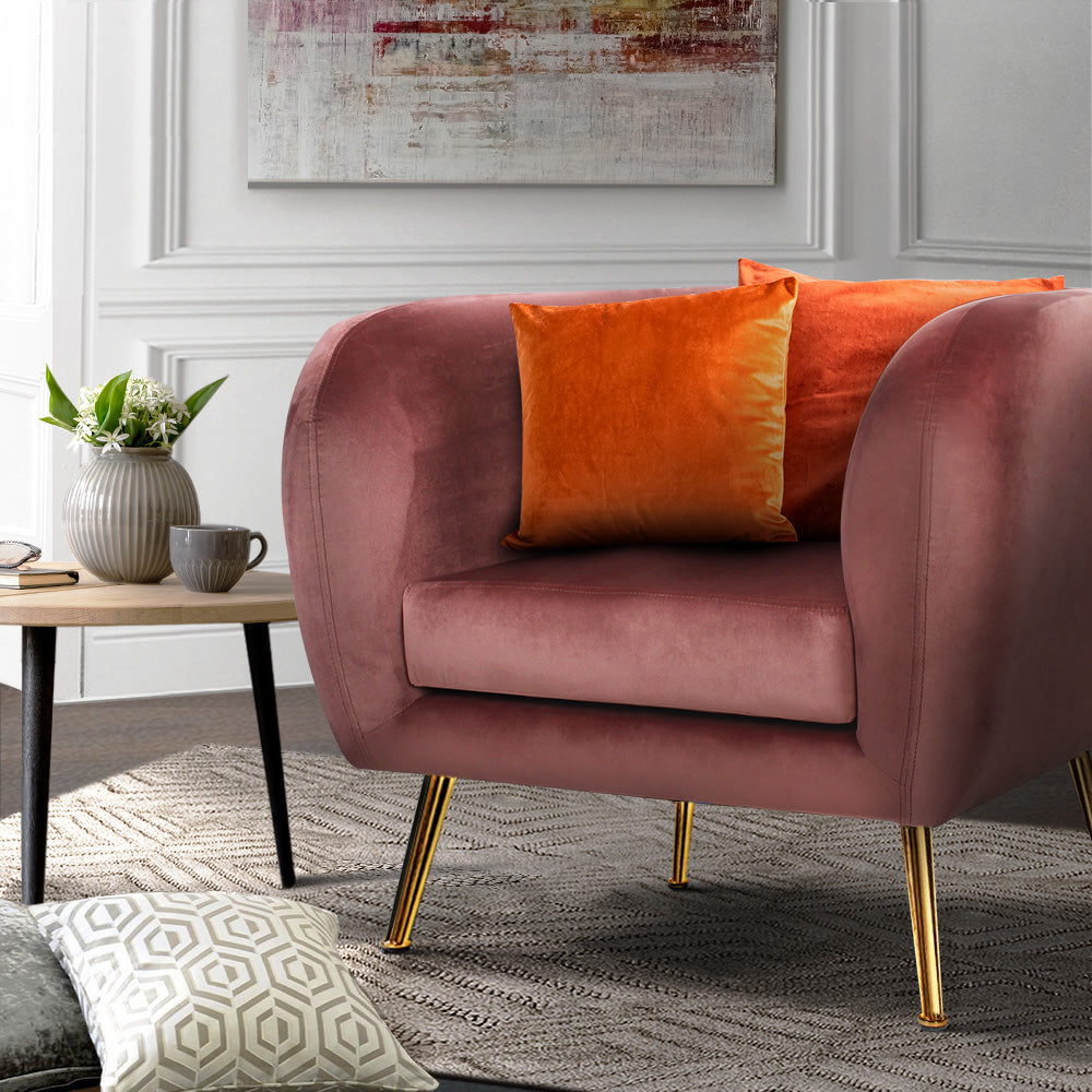 Artiss Armchair Lounge Sofa in pink velvet with golden metal legs, showcasing a stylish and comfortable design perfect for any living space.