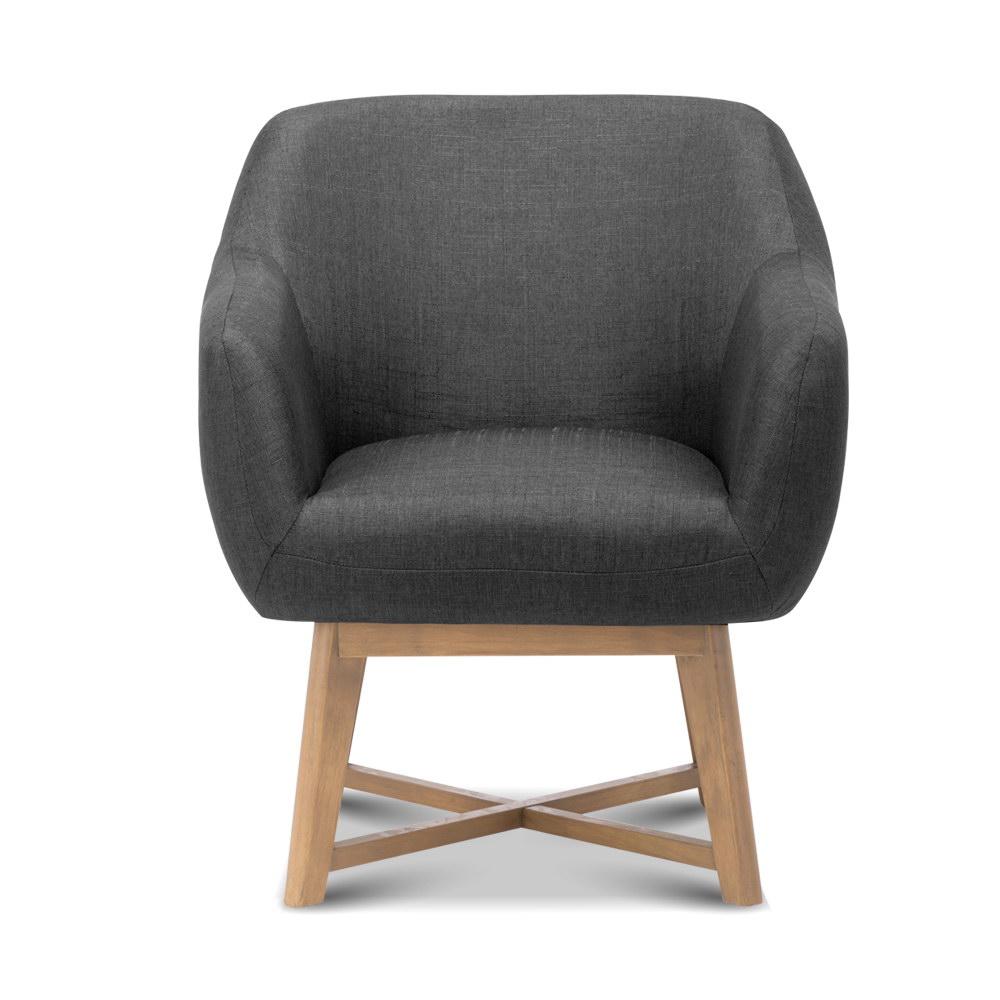 Artiss Aston Tub Accent Chair in Charcoal with criss-cross base and rubber wood legs, showcasing its elegant faux linen upholstery.