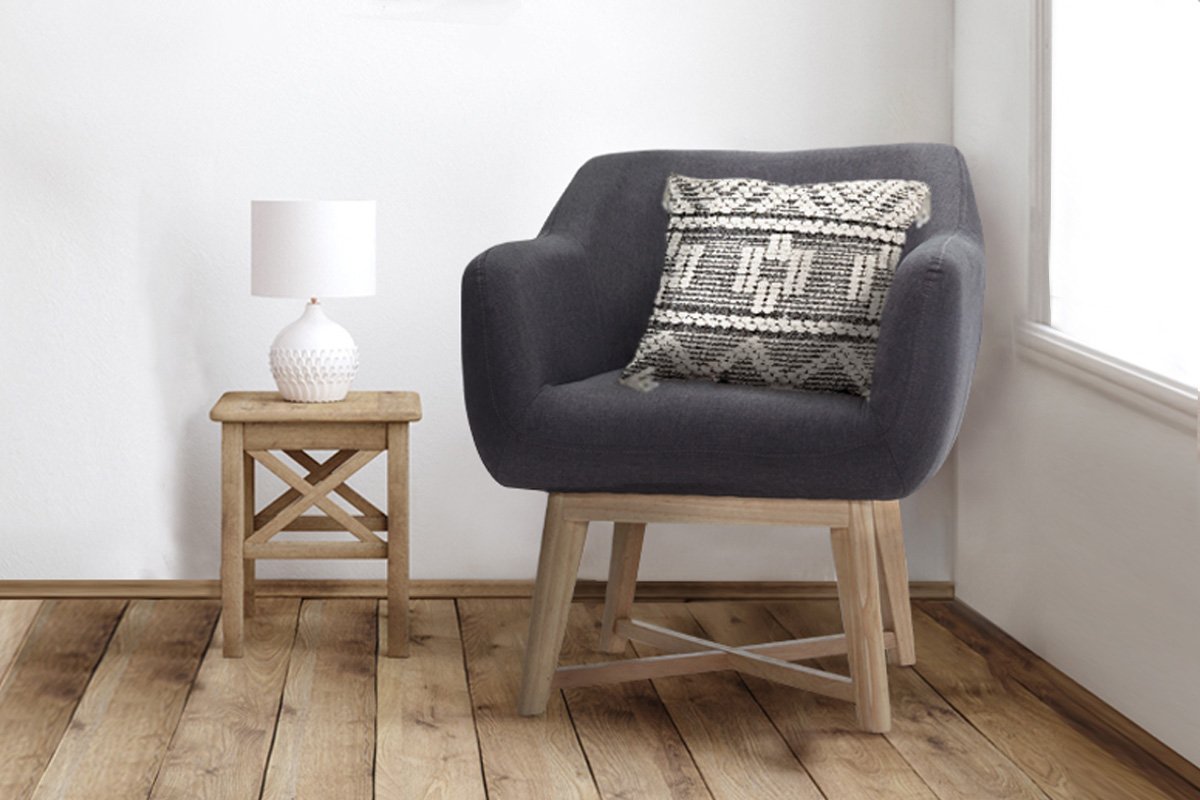 Artiss Aston Tub Accent Chair in Charcoal with criss-cross base and rubber wood legs, showcasing its elegant faux linen upholstery.