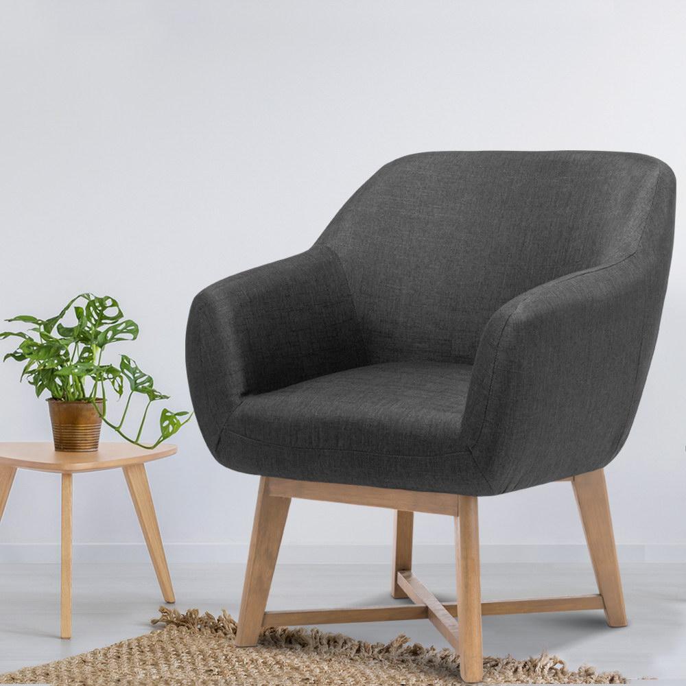 Artiss Aston Tub Accent Chair in Charcoal with criss-cross base and rubber wood legs, showcasing its elegant faux linen upholstery.