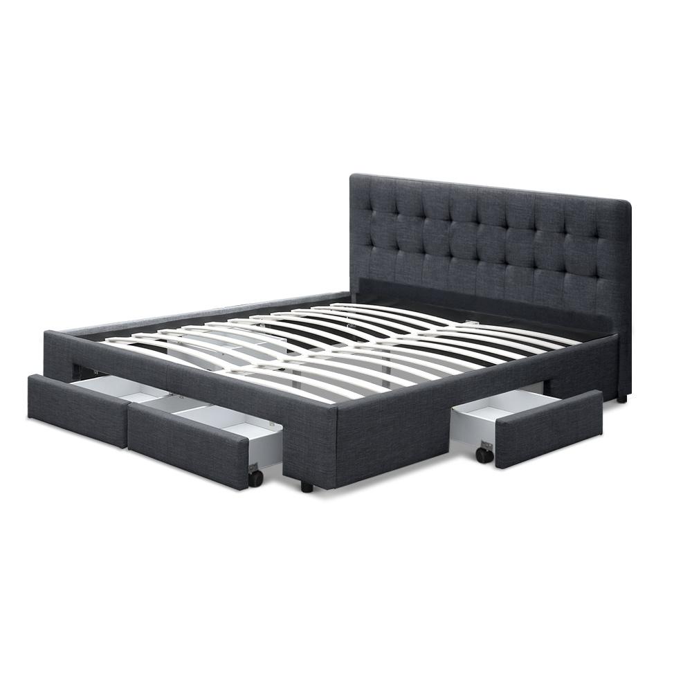 Artiss Avio Bed Frame in Charcoal with Fabric Storage Drawers, showcasing a tufted headboard and spacious drawers on wheels.