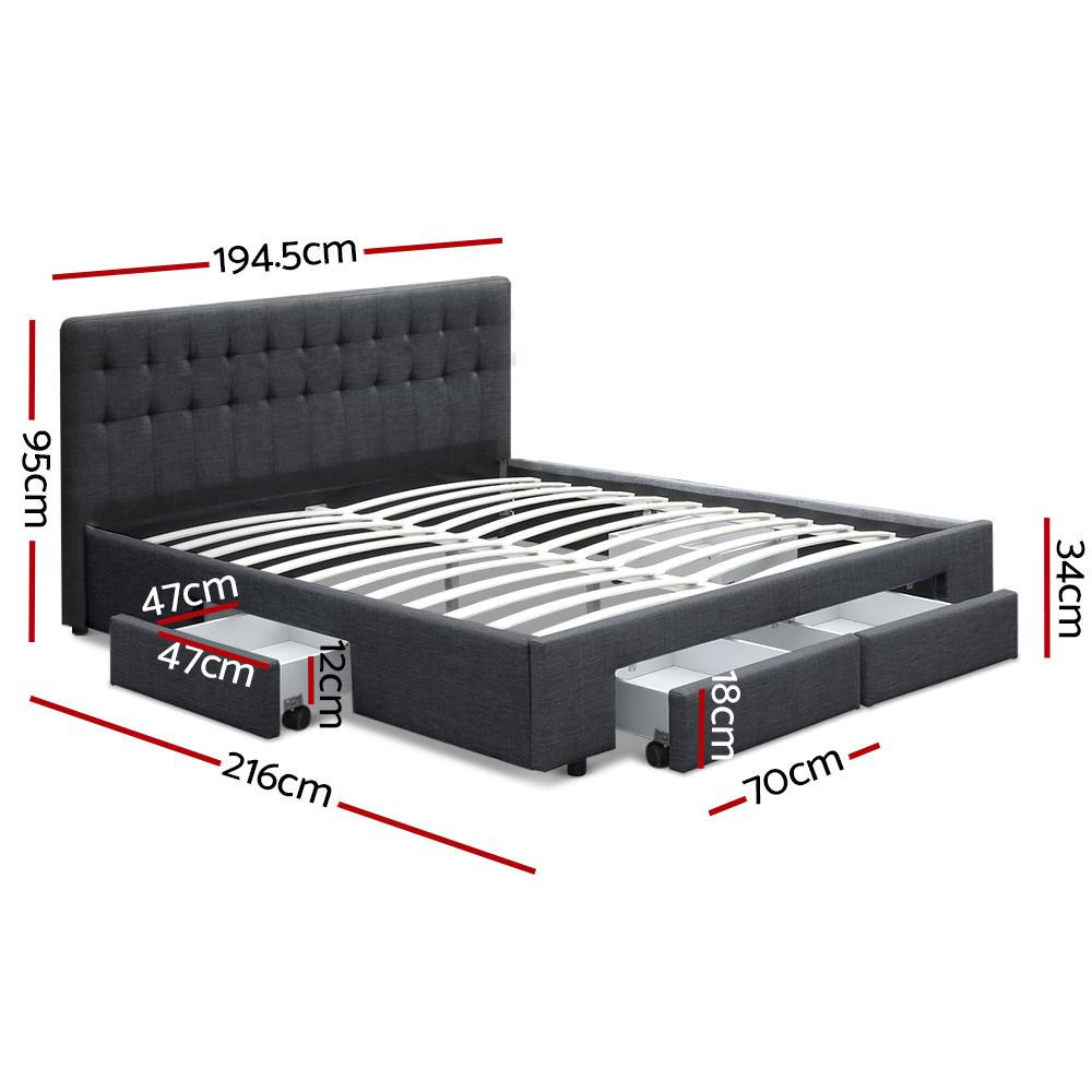 Artiss Avio Bed Frame in Charcoal with Fabric Storage Drawers, showcasing tufted headboard and spacious drawers.