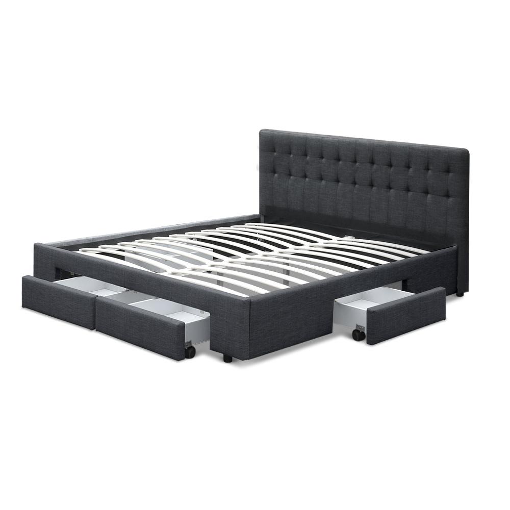 Artiss Avio Bed Frame in Charcoal with Fabric Storage Drawers, showcasing tufted headboard and spacious drawers.