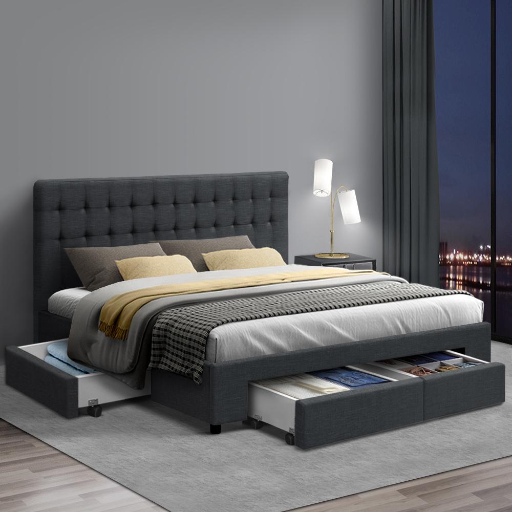 Artiss Avio Bed Frame in Charcoal with Fabric Storage Drawers, showcasing tufted headboard and spacious drawers.