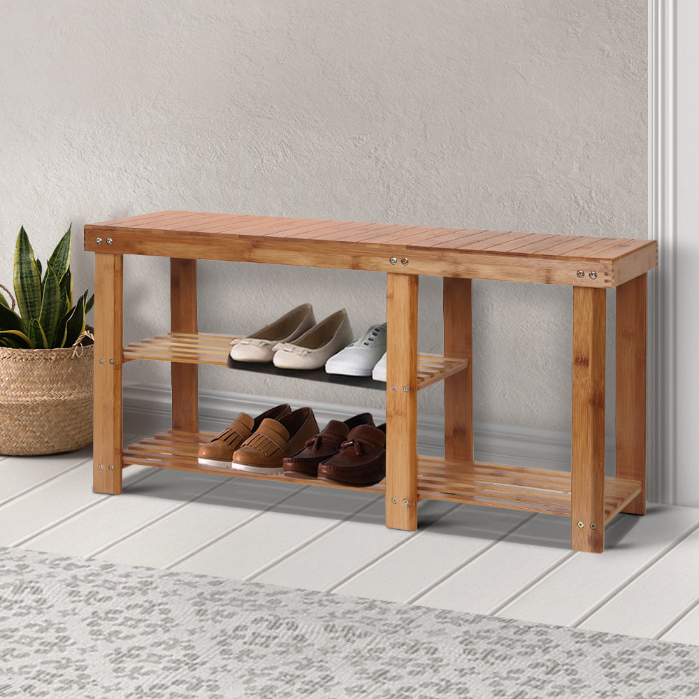 Artiss Bamboo Shoe Rack Bench showcasing a stylish and eco-friendly design with two tiers for shoes and a larger section for boots.