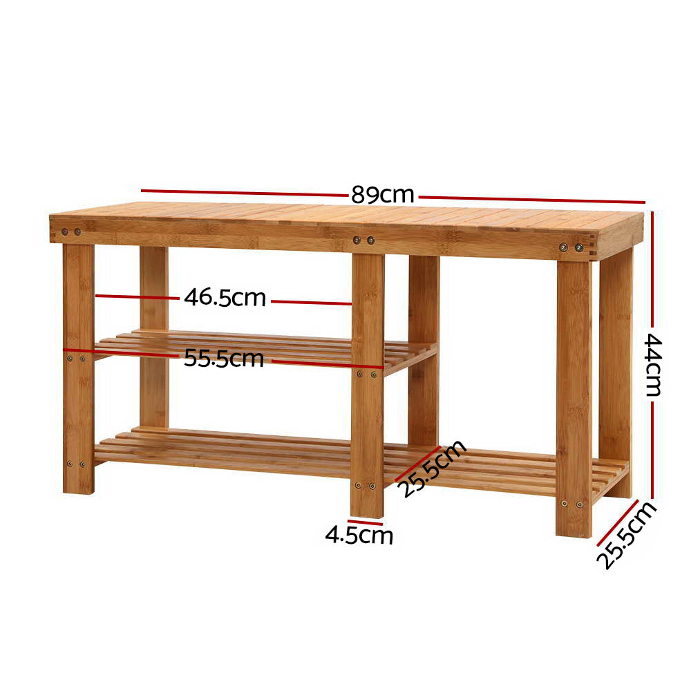 Artiss Bamboo Shoe Rack Bench showcasing a stylish and eco-friendly design with two tiers for shoes and a larger section for boots.