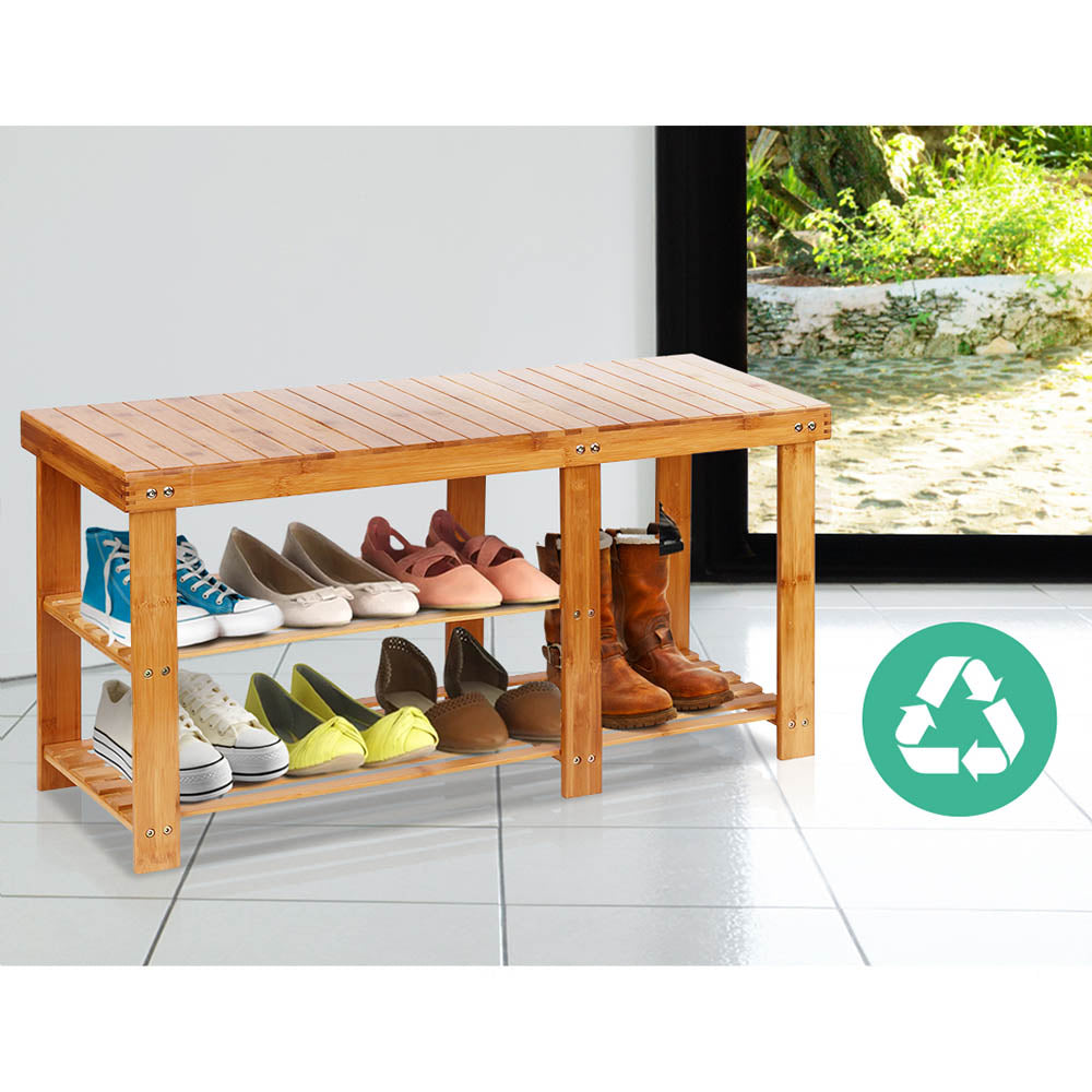 Artiss Bamboo Shoe Rack Bench showcasing a stylish and eco-friendly design with two tiers for shoes and a larger section for boots.