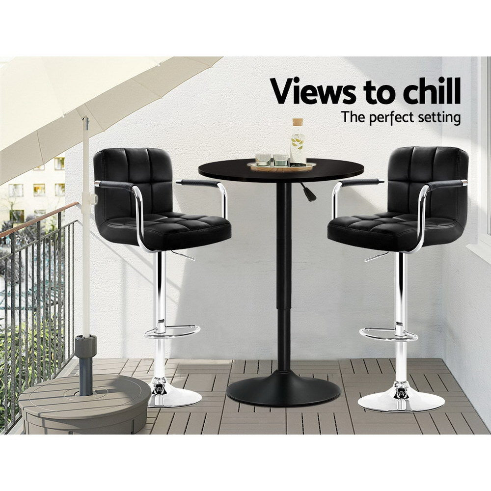 Artiss Bar Table featuring a sleek black powder-coated frame and a round lacquered wooden top, ideal for indoor and outdoor use.