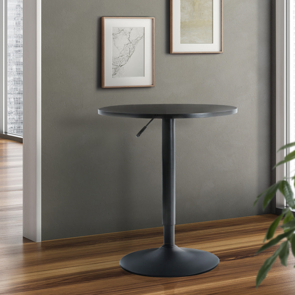 Artiss Bar Table featuring a sleek black powder-coated frame and a round lacquered wooden top, ideal for indoor and outdoor use.