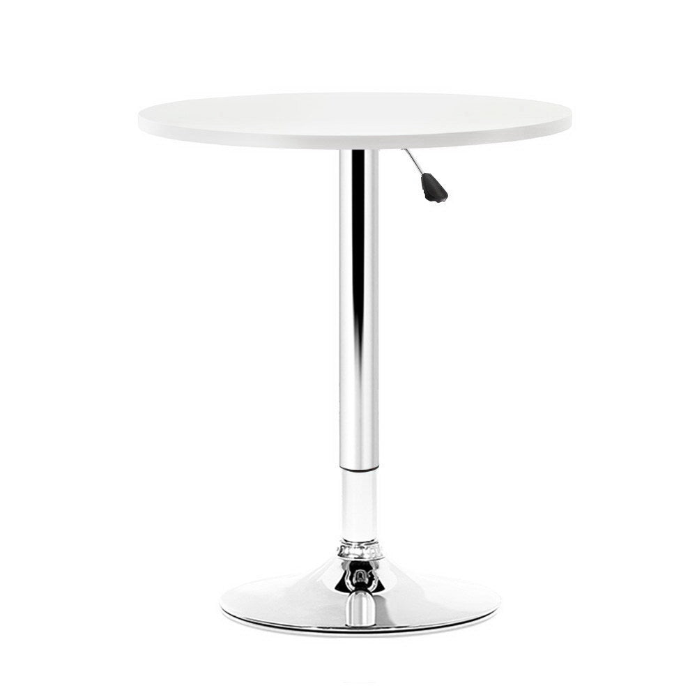 Artiss Bar Table featuring a sleek white lacquered wooden top and a sturdy metal base, perfect for indoor and outdoor use.