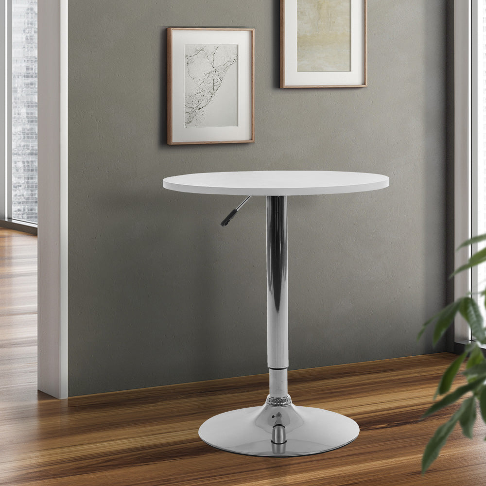 Artiss Bar Table featuring a sleek white lacquered wooden top and a sturdy metal base, perfect for indoor and outdoor use.