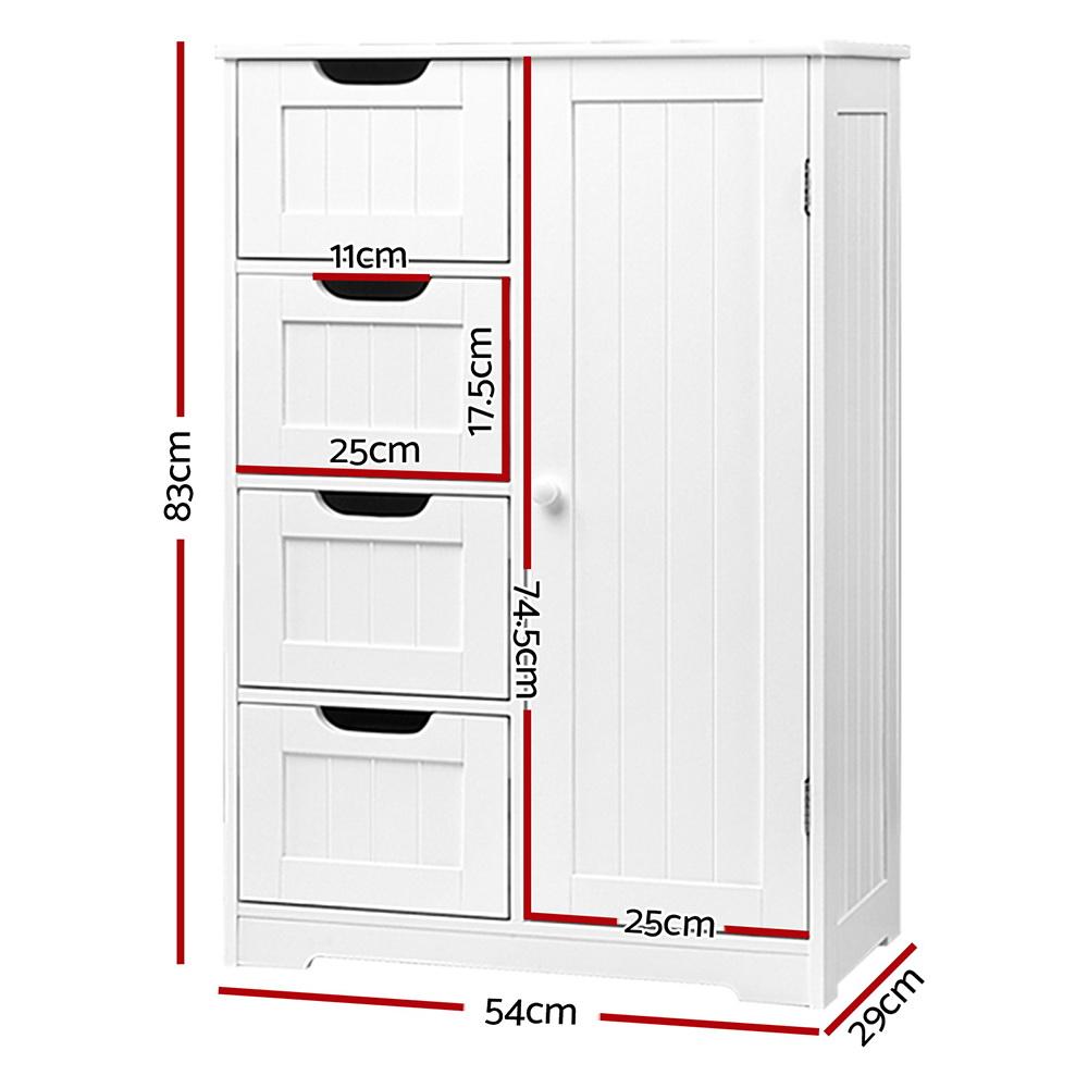 Artiss Bathroom Tallboy Storage Cabinet in White with four drawers and two shelves, showcasing a modern design and eco-friendly materials.